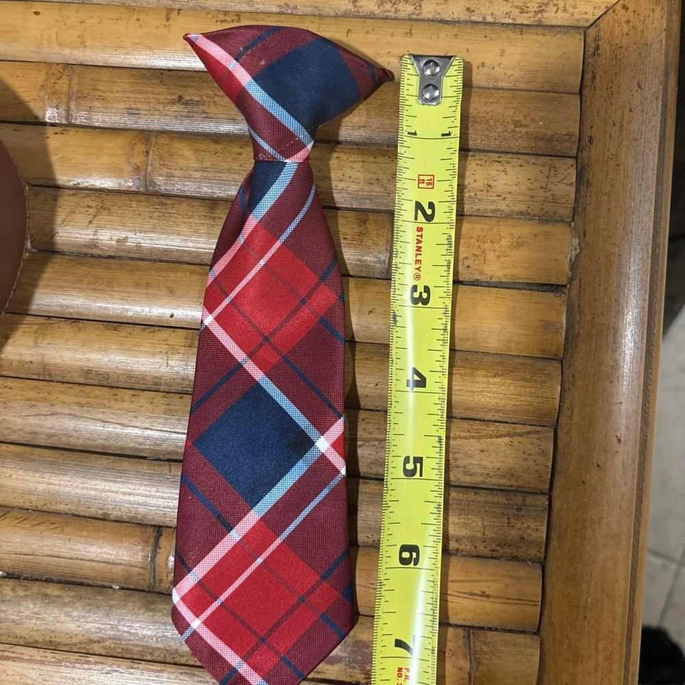 Kids tie clip on Red, blue, and white plaid tie